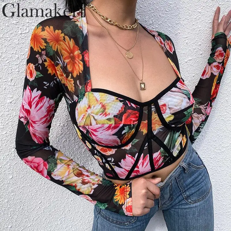 Glamaker, трикотажная винтажная блузка с цветочным принтом, женская элегантная блузка с квадратным воротником и длинным рукавом, Женская осенне-зимняя Сексуальная Блузка