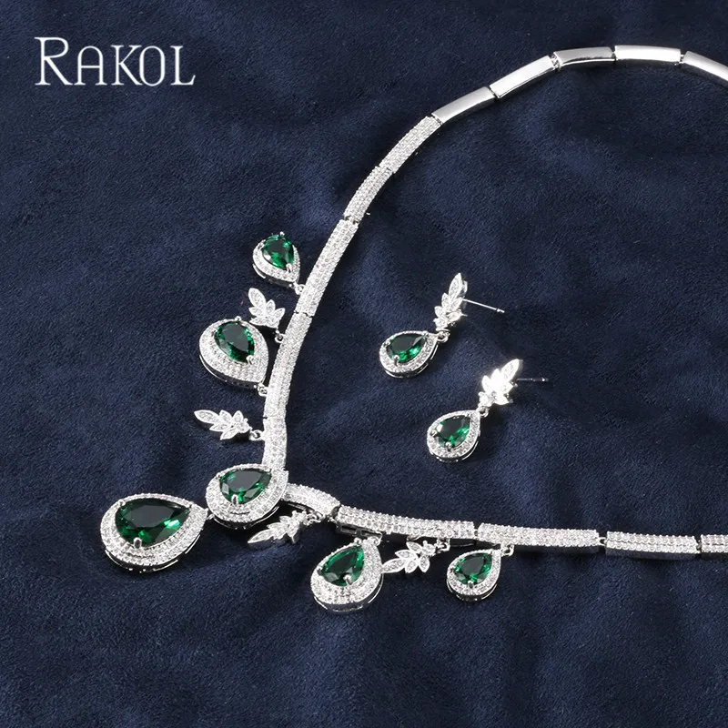 RAKOL зеленый капли воды кубический цирконий камень серьги ожерелье набор