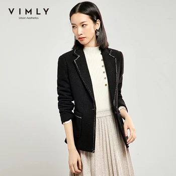 

Vimly Women's Wool Blazer Winter Notched Solid Single Breasted Slim Office Lady Jackets Elegant Female Coats 30059