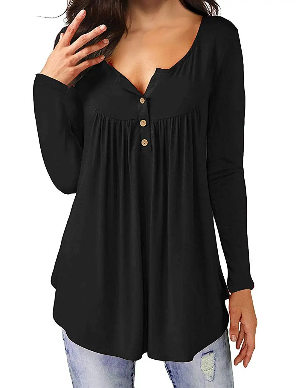 

BA24127 Womens Tops Summer V Neck T-Shirts Swing Ruffle Blouses Button up Tunic Casual Flowy Loose Long/Short Sleeve