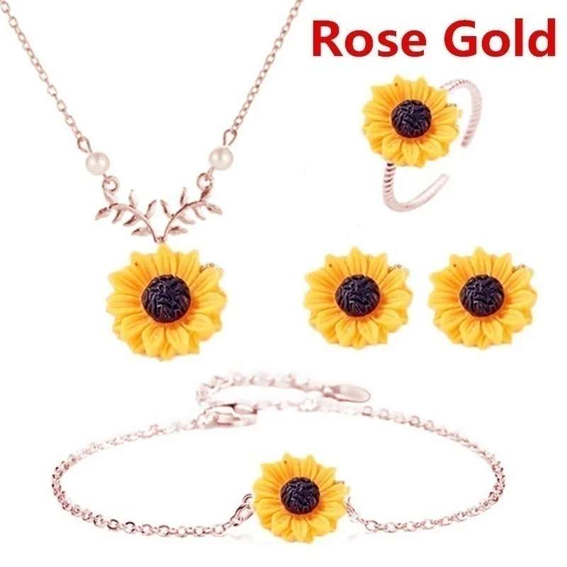 5PCS/Set Necklace Earring Bracelet Ring Set Women Fashion Jewelry Accessories Sunflower Jewelry Gifts Charm Pendant Necklaces