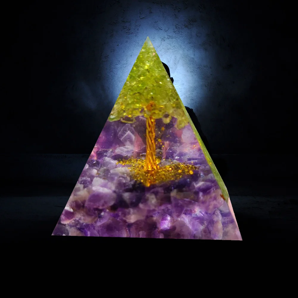 Tree of Life Orgone Pyramid Crystal Energy Orgonite Pyramid Peridot Healing Gem Stones EMF Orgonite Chakra Reiki Meditaiton Tool