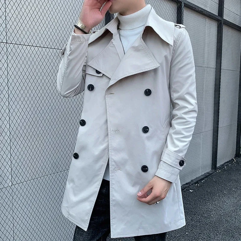 Fashion Trench Men Spring Autumn Streetwear Double Breasted Windbreaker Jacket Casual Solid Slim Coat Chaquetas Hombre
