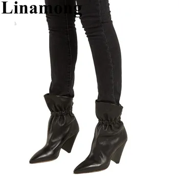 

2019 Black Pointed Toe And Tapered Heel Women Boots Elastic Design Slip-on High Heel Winter Fashion Women Shoes