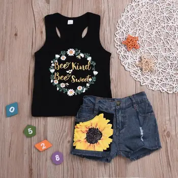 

2020 Summer Children Sets Casual Sleeveless Print Letter Tank Print Sunflower Denim Shorts Cute 2Pcs Girls Clothes Sets 1-6T