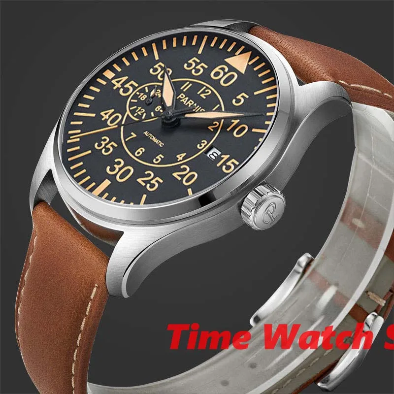 

Parnis 44mm mechanical watch men waterproof black dial orange marks leather bracelet luminous sapphire PVD case Auto wrist P1271