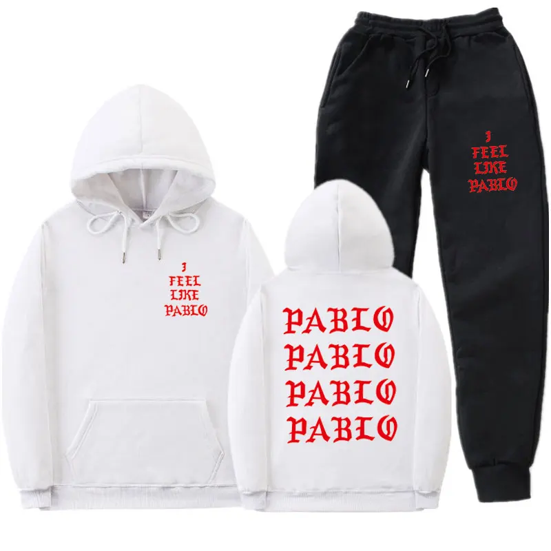 Мужские комплекты спортивной одежды I Feel Like Pablo, Осень-зима, толстый мужской повседневный спортивный костюм с капюшоном, мужской комплект из 2 предметов, толстовка+ спортивные штаны - Цвет: White MK110