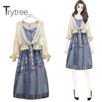

Trytree 2020 Summer Women two piece set Casual V-neck Patchwork Print Sling Dress + Blouse Solid Drawstring Ruffles 2 piece Set