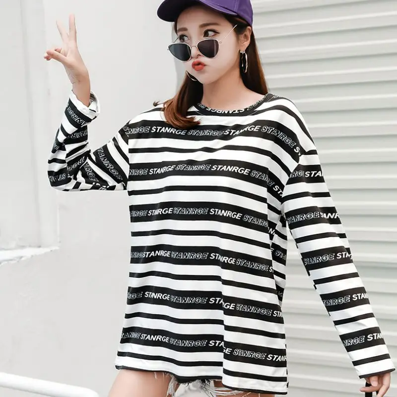 

Korean Style Loose Casual Round Neck Long Tops Autumn New Striped Pattern Cotton Women T-shirts