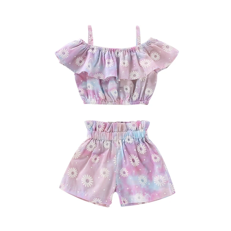 

Flowers Pullover Cotton S/M/L/XL/XXL Summer Baby Girl Cute Printing Off-the-shoulder Top And Pants Kit Kid Two-piece Outfit Set