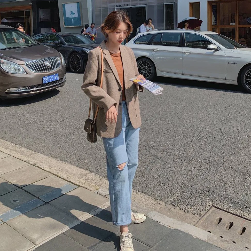 

Photo Shoot Early Autumn New Style INS Retro British Style Herringbone Single Breasted Elegant Ol Short Small Suit Coat Women's