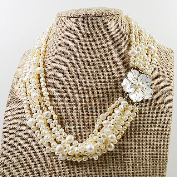 

Unique Design AA Real Pearl Necklace 6 Rows Baroque Genuine Freshwater Pearls Mixes Size Sea Shell Flower Clasp Fine Jewelry