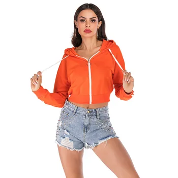 

Women Spring Autumn Top Drawstring Hooded Long Sleeve Hoodie Drawstring Short Sweatshirts Crop Casual Jacket Zipper Coat Outwear