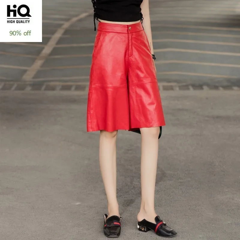 

Fashion Womens Knee Length Sheepskin Genuine Leather Wide Leg Pants Loose Fit Streetwear Hip Hop Casual Joggers Harem Pants 4XL