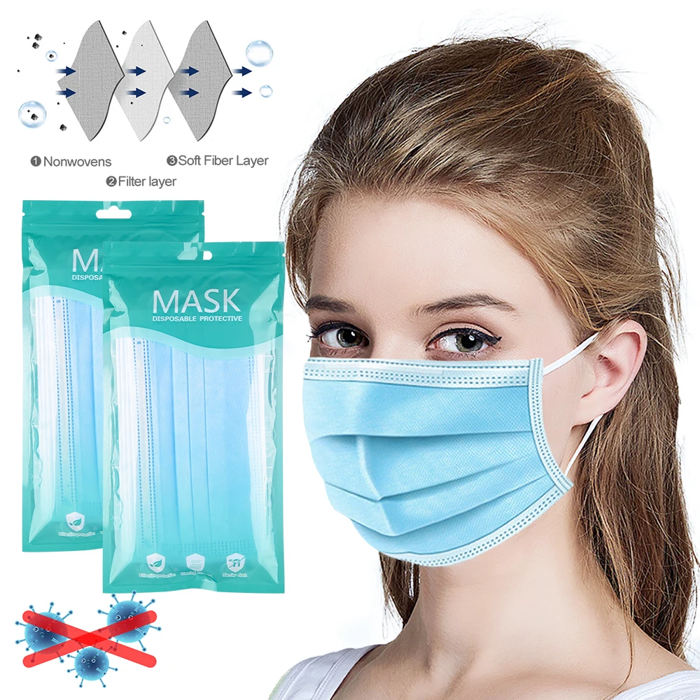 

50Pcs Blue Face Mask Disposable 3-Layer Nonwovens face Masker Anti Fog Haze Dustproof Health Care Earloops Mask Face Mouth Masks