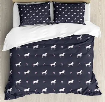 

Horses Duvet Cover Set Animal Pattern Sublime Mustang Silhouette Wildlife Horseshoe Abstract Bedding Set Purple Grey White Pink