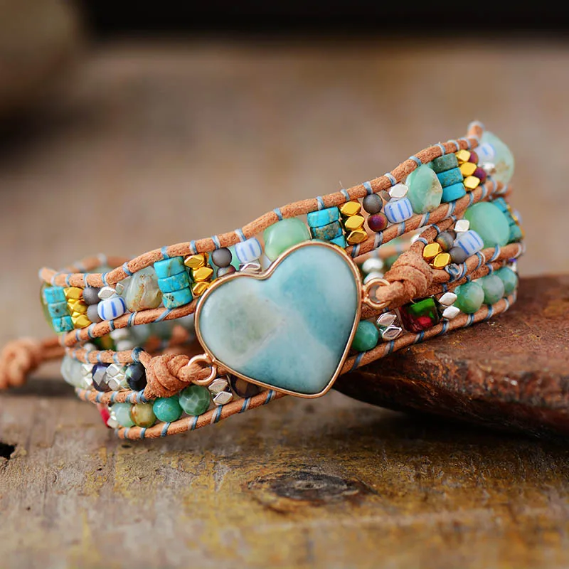 New Spiritual Heart Shape Amazonite Leather Wrap Bracelets W/ Mixe Stone Beads Bracelet Boho Classic Jewelry Bijoux Dropship - Image 2