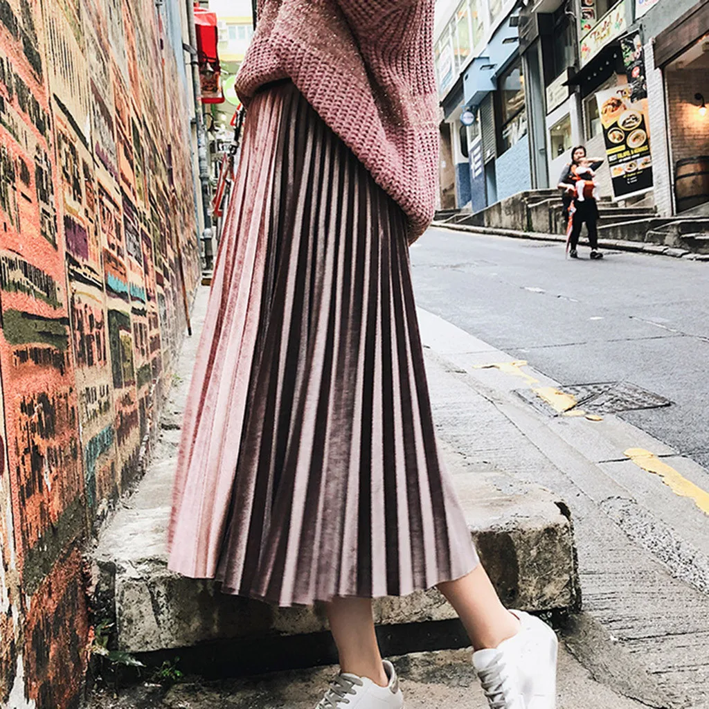 JAYCOSIN юбка из золотого бархата, подходящая по цвету Женская юбка с высокой эластичной талией, длинная Плиссированная юбка миди, Повседневная маленькая юбка для танцев