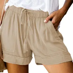Todos os jogos casual cor sólida elástico cintura solta shorts bottoms feminino shorts de cintura alta para compras