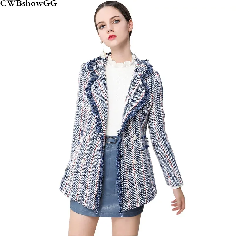 

CWBshowGG Blue And White Striped Long-Sleeved Notched Collar Female Small Fragrance Weaving Tweed Tassel Patchwork Beaded Coat