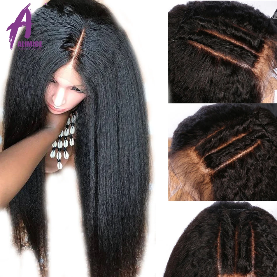 Яки кудрявый прямой парик бесклеевая кружевная передняя часть человеческих волос парики 13x4 перуанский парик на кружевной основе для черных женщин remy волос 150% алимис