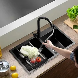 Black Kitchen Sink Drainboard Stainless Steel Under Counter Mixer Taps Sinks Water Pipe Cocina Accesorio Kitchen Accessories YQ