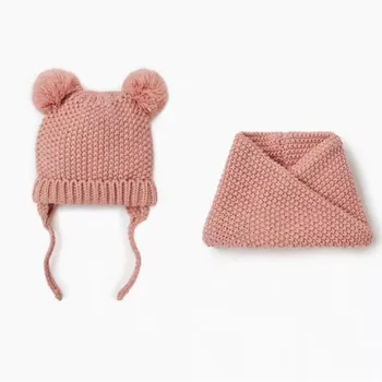 

2019 winter hat scarf set for Children Solid Color Knit Beanie Winter Soft Cap Scarves Warm Pompom Beanies