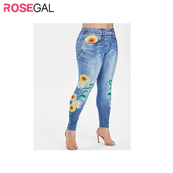 

ROSEGL Women Plus Size High Rise Sunflower Print 3D Jeggings Elastic Waist Skinny 5X Jeans Lady Faux Denim Leggings Fashion 2020