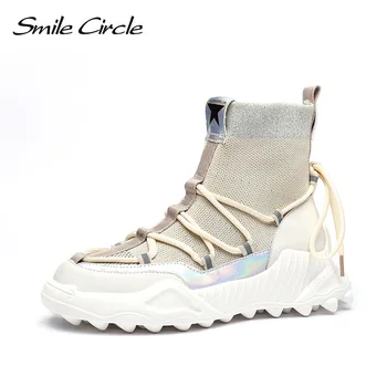 

Smile Circle Sneakers women Ankle Boots Flat platform Breathable Thick bottom Casual Rear High-top lace-up Shoes