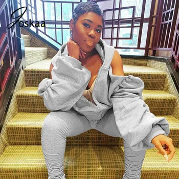 

Joskaa fall Pleated Split Pants Puff Sleeve Backless Hooded outfits sexy cutout casual solid Sports suit women's Two-Piece Set