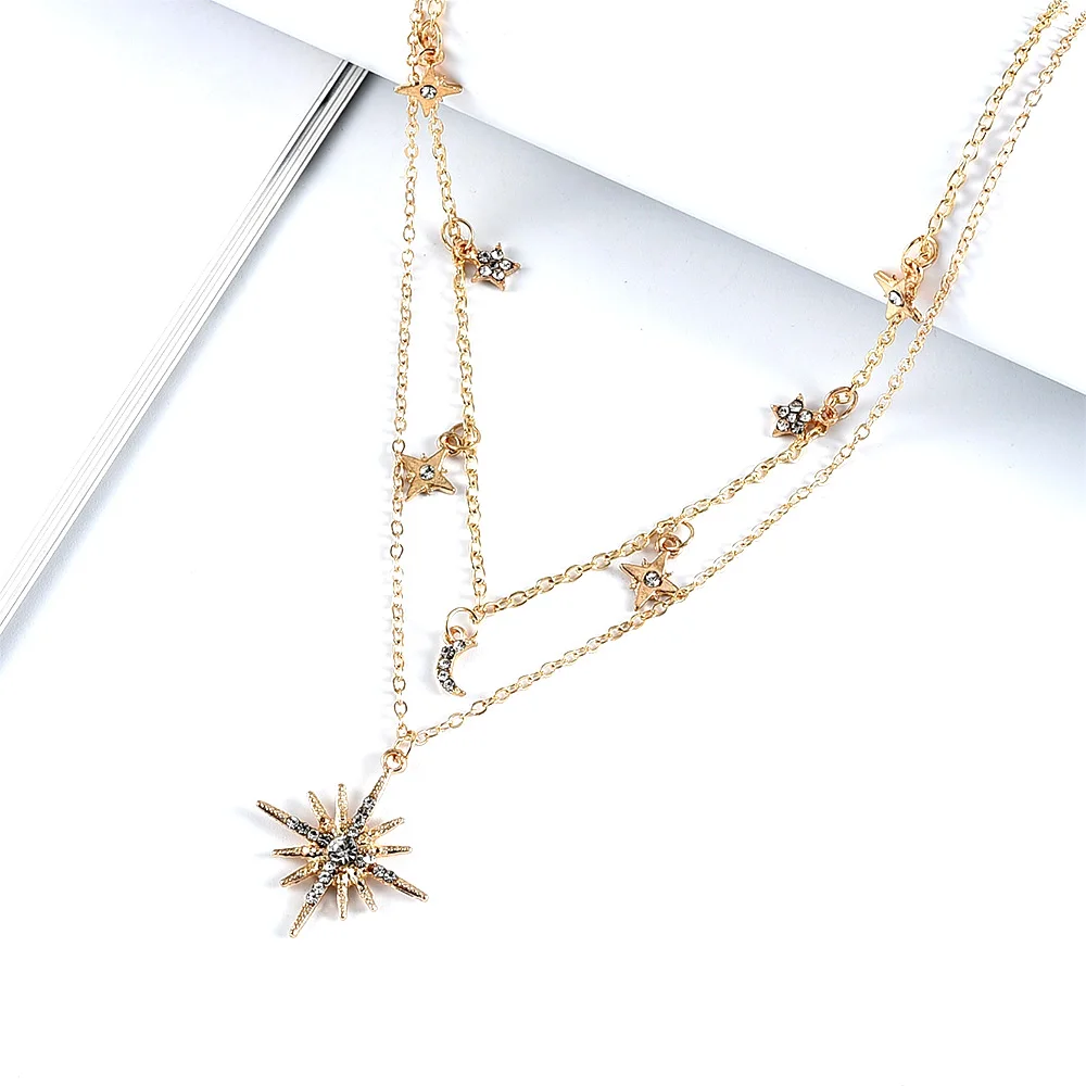 New 2020 Fashion Gold Crystal Sun Moon Star Pendant Necklaces For Women Necklace Multi Level Female Boho Vintage Jewelry Gift