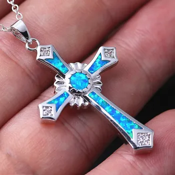 

Trendy Silver Blue Fire Opal Cross Pendant Necklaces Cross Necklace Charm Necklace for Women Fashion Jewelry