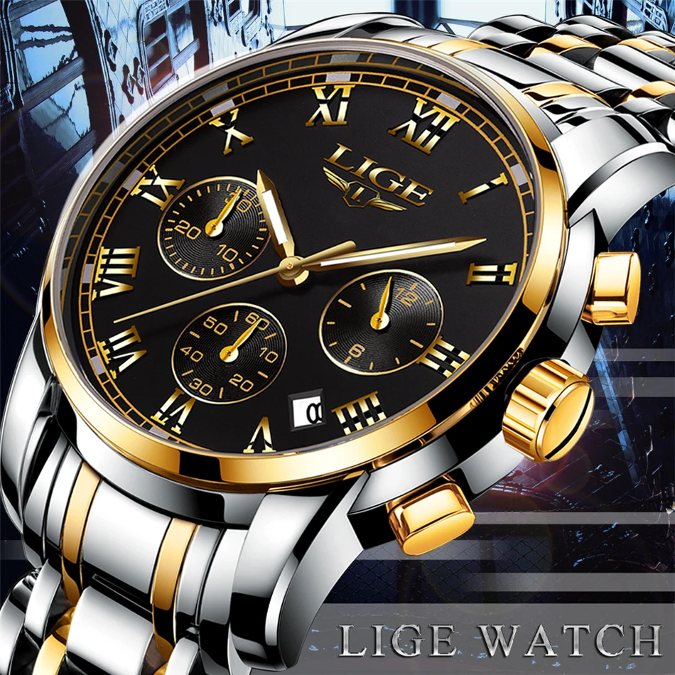 LIGE золотые часы мужские модные бизнес Кварцевые часы мужские часы Топ Роскошные Водонепроницаемые кожаные военные часы Relogio Masculino