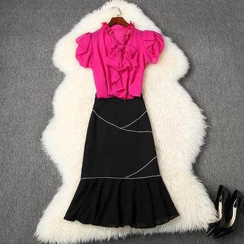 

TOP QUALITY Newest 2020 Stylish Runway Suit Set Women's Bow Collar Ruffles Blouse Shirt Mermaid Skirt Set