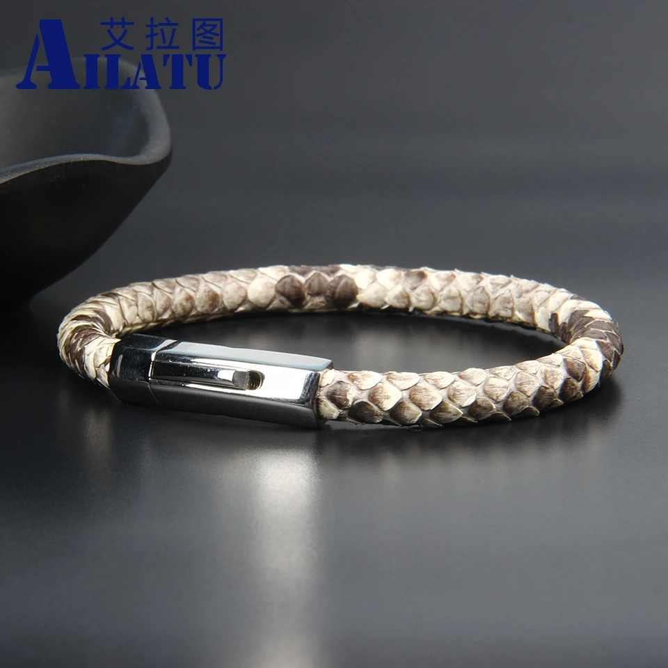Ailatu New Luxury 6mm Genuine Python Snake Skin Leather Buckle Bracelets Stainless Steel Jewelry