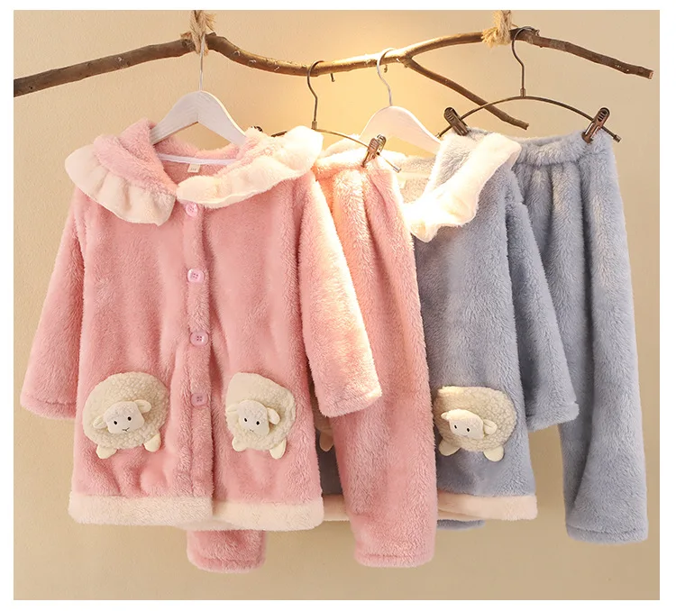Детский пижамный комплект для девочек; пижамы; плотные двухсторонние фланелевые детские комплекты одежды для сна; сезон осень-зима; Длинная плюшевая Детская домашняя одежда