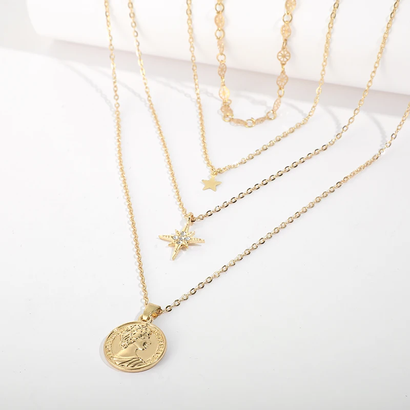 HuaTang, многослойное золотое ожерелье с подвеской в виде звезды, цепочка, Ретро стиль, резьба, монета, ожерелье для женщин, бижутерия, колье для женщин 8864