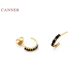 

CANNER Real 925 Sterling Silver Earrings For Women Star Semicircle Stud Earrings Black Zircon Diamond Korean Jewelry Brincos