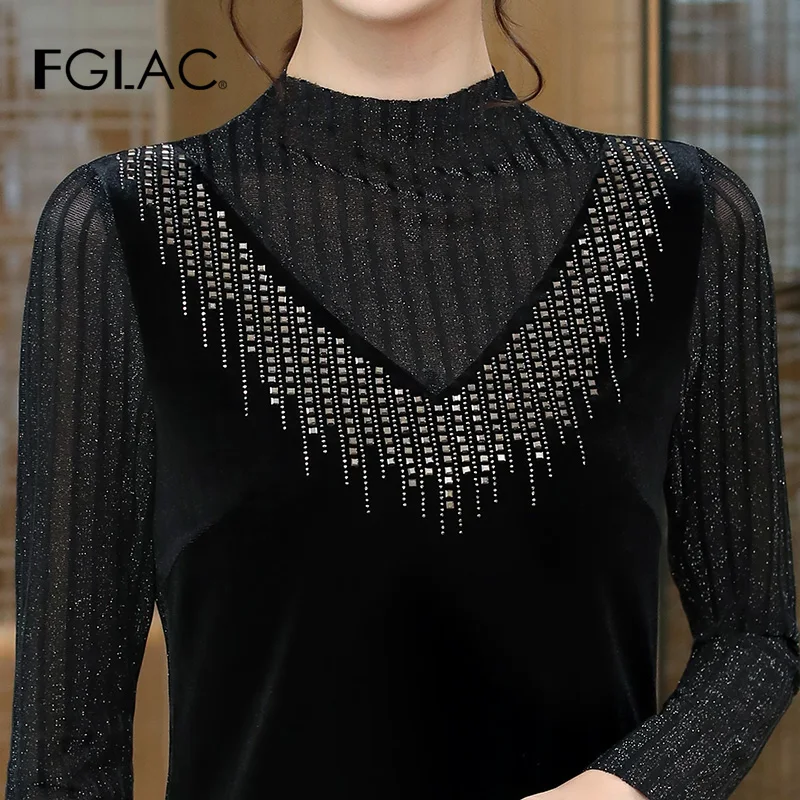 Модная Золотая Бархатная блузка рубашка прошитая сетка с длинным рукавом