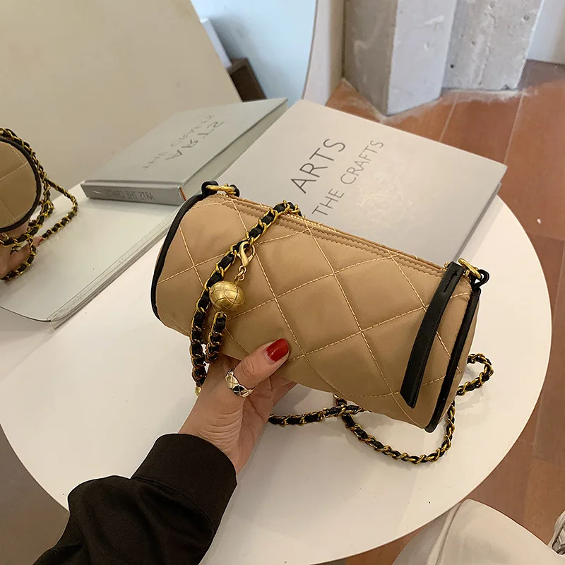 

French Non-mainstream Design Bag Women Rhombus round Bag 2020 New Fashion Messenger Bag Milk Brown Canvas Underarm Bag