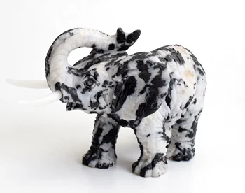 

4 INCHES Natural Zebra Jasper Carved Crystal Reiki Healing Elephant Feng Shui Statue with Double White Jade Dismountable Ivory