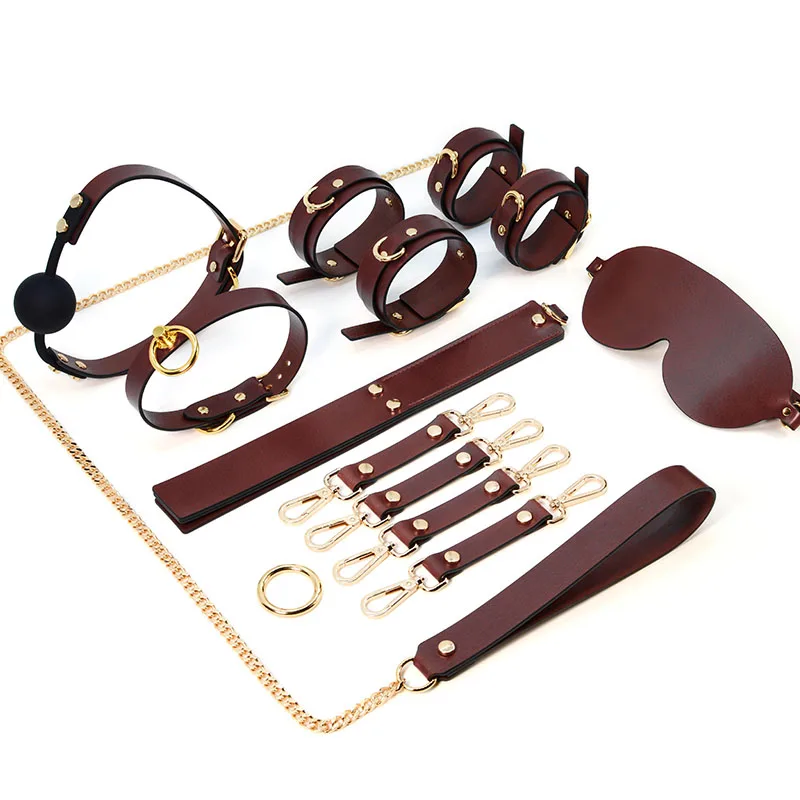 Real Leather BDSM Bondage Kits Handcuff Ankle Cuffs Collar Gag Slave Bed Restraints Set Erotic Sex Toys for Adult Couples Game 1