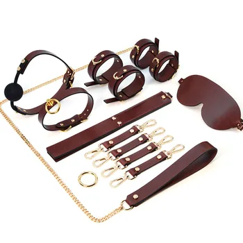 Real Leather BDSM Bondage Kits Handcuff Ankle Cuffs Collar Gag Slave Bed Restraints Set Erotic Sex Toys for Adult Couples Game