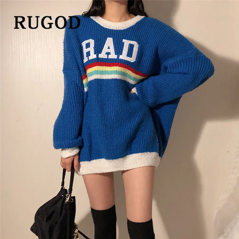 RUGOD, Осень-зима, стиль, шикарный, Радужный, с надписью, длинный свитер с круглым вырезом, вязаный пуловер, большой размер, мода, Kpop одежда
