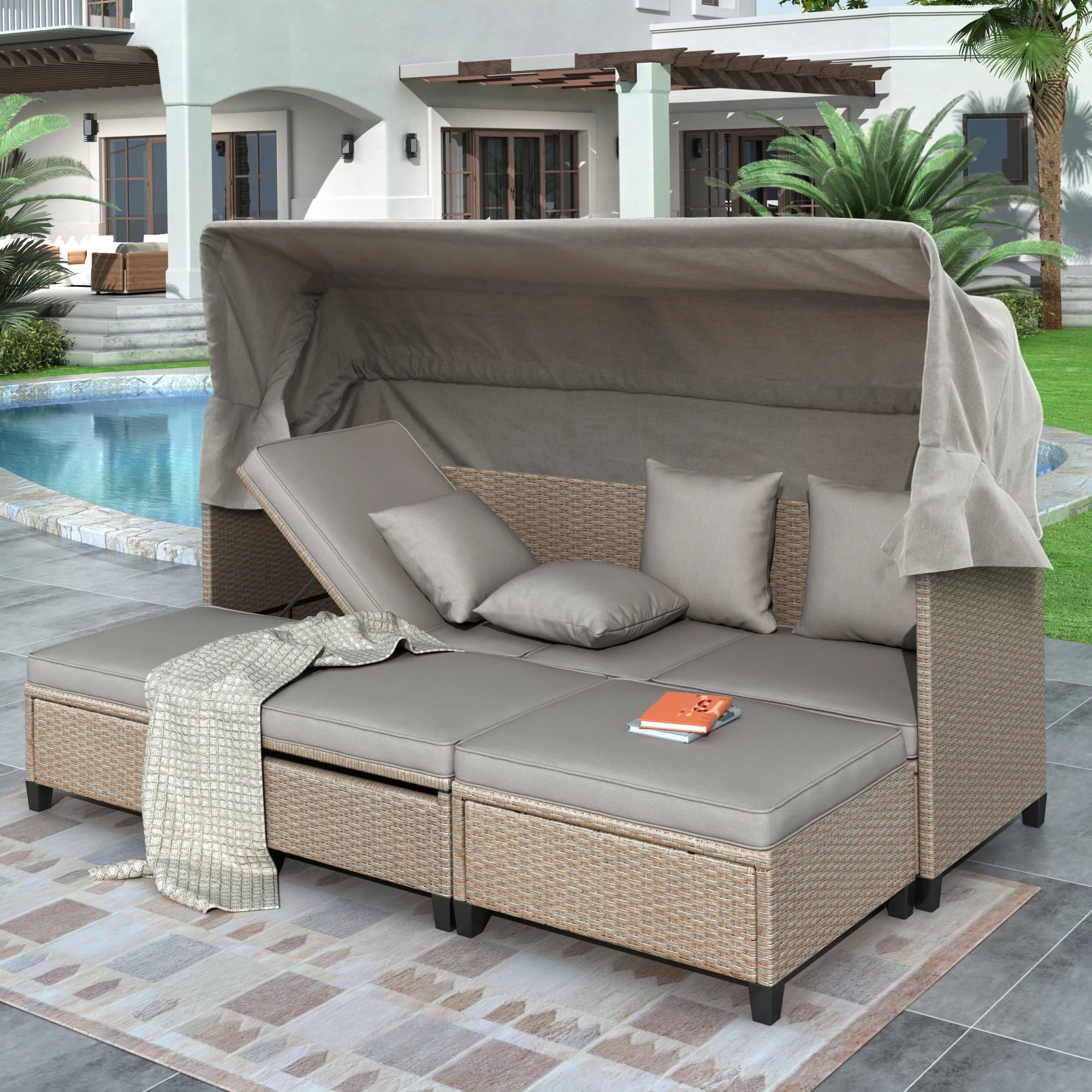 

Wicker Patio Set Furniture 4Pcs Garden Poolside Set Furniture Modern Retractable Canopy Cushions Lifting Table Outdoor Furniture
