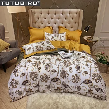 

Yellow European bedding set Luxury Egyptian cotton bedclothes bed set pastoral.Boho style duvet cover bedlinen spread