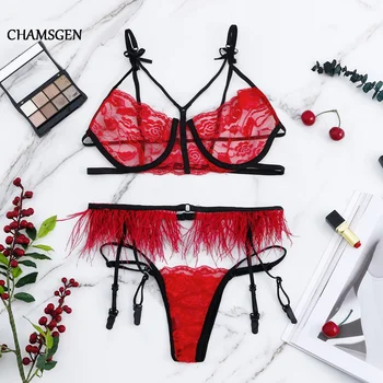 

CHAMSGEND 2020 New Bra & Brief Sets Women Lace Bow Underwire Bra With Thong+Feather Garter Sleepwear Lingerie Set Lenceria F618