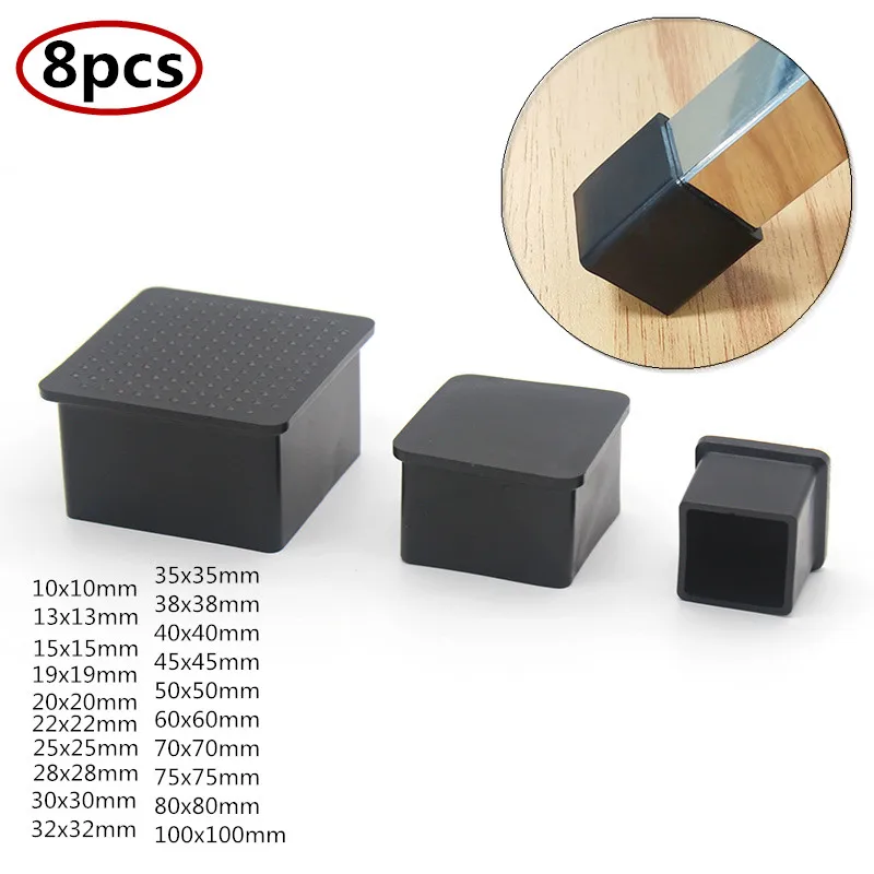 8PCSBlackSquareRubberChairTableFeetFurnitureEndCoverCaps10