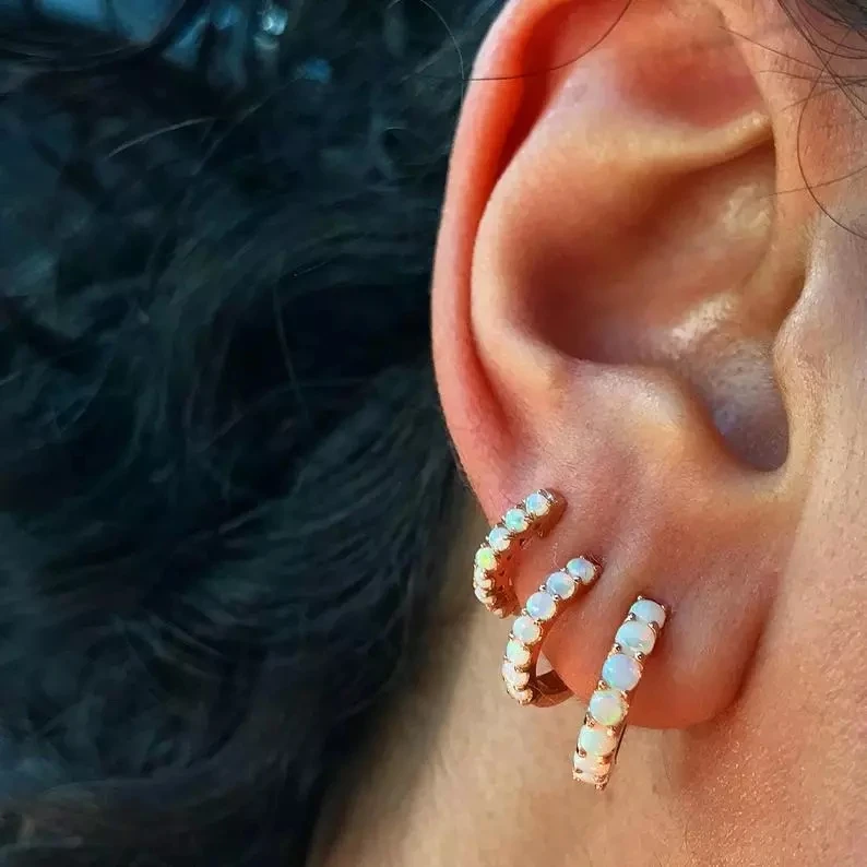 Delicate Boho Women girl White Fire Opal HOOP Earring Gold Filled 925 sterling silver mini small huggies fire opal Wedding gifts | Украшения