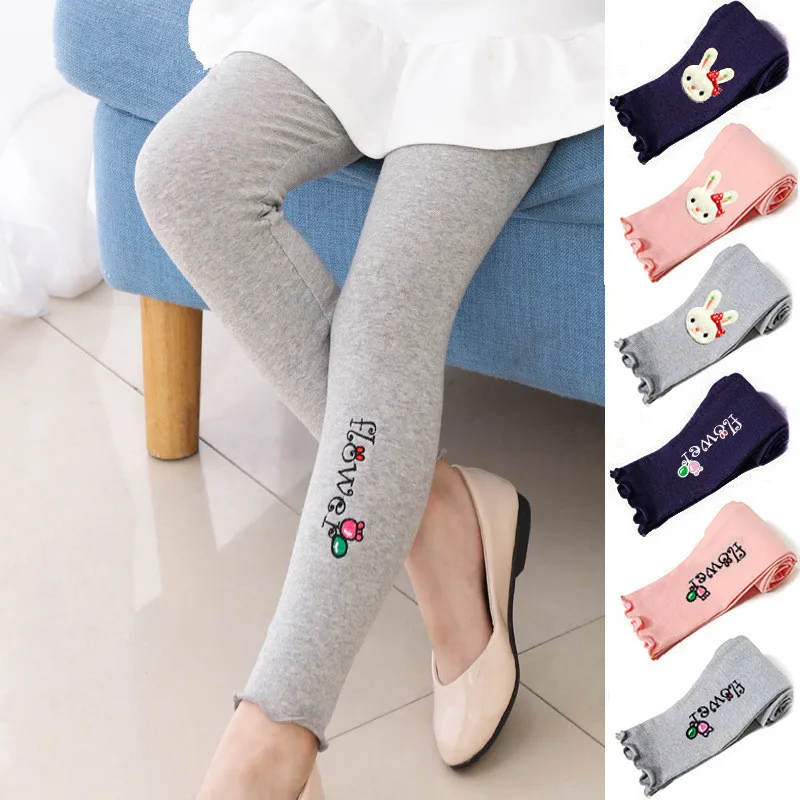 

2019 Autumn Fashion Solid Color Cotton Trousers For 2-7T Children and Girls Rabbit Flower Leggings Kids Skinny Pants